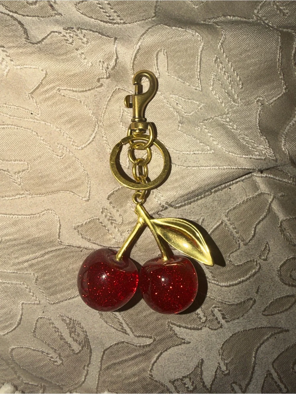 Gold Cherry Keychain with Red Glitter Cherries